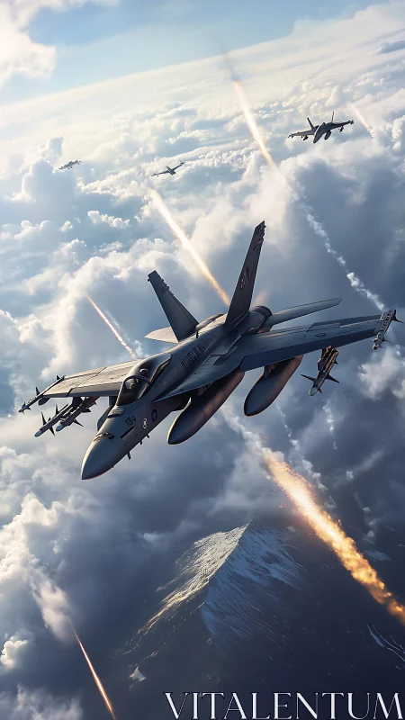 Fighter jets fly above dense clouds with bright missile trails