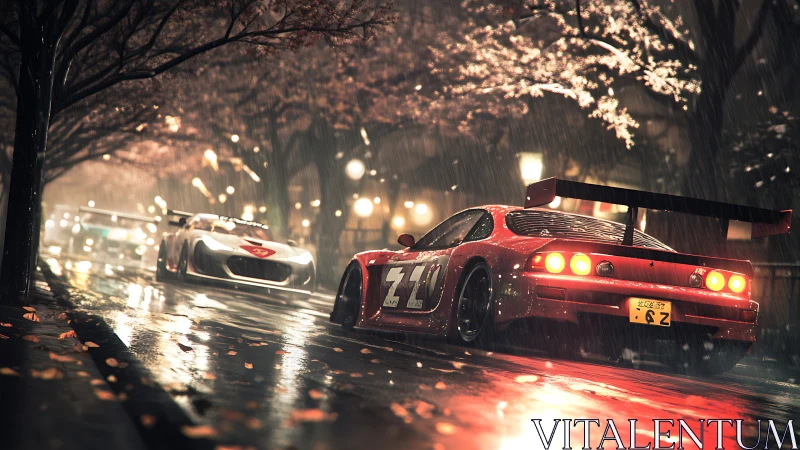 Street racers glide through rainy cherry blossom night.