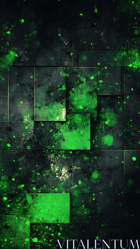 Green splatter on dark geometric tiled surface background.