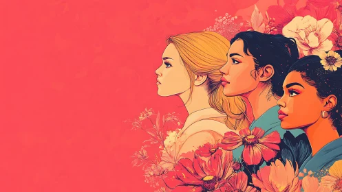 Three Diverse Women in Profile with Floral Art on Vibrant Coral.