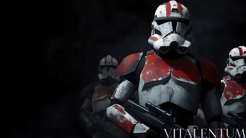 Battleworn sci-fi troopers stride from the void of smoke.