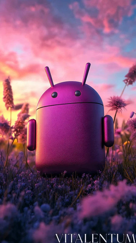 Neon android daydreams in a cotton candy twilight meadow.