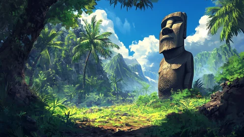 Stone moai statue stands in dense tropical valley landscape