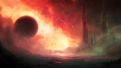 Crimson exoplanet horizon with eruptive stellar vortex glow.