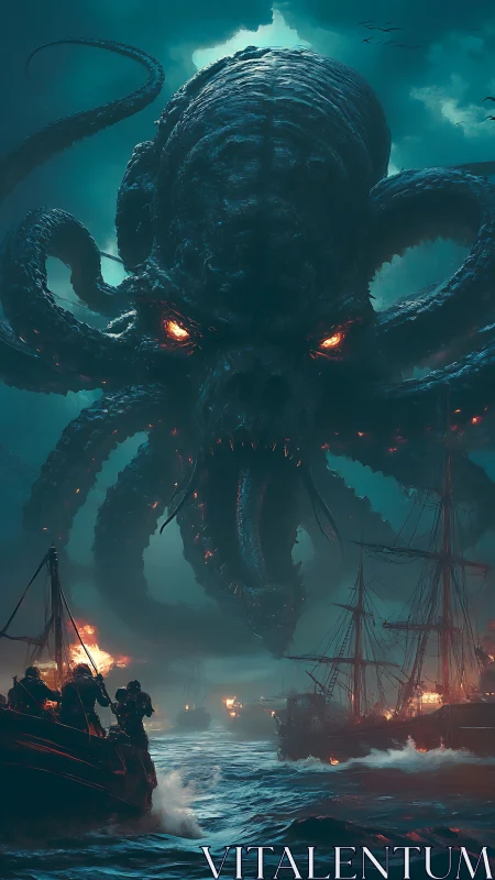 Colossal sea creature rises over burning ships at dusk.