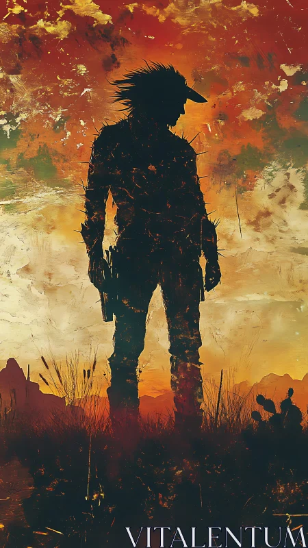 Lone gunslinger silhouette against burning desert sky.
