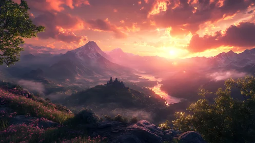 Sunset river braids through a misty kingdom of violet peaks