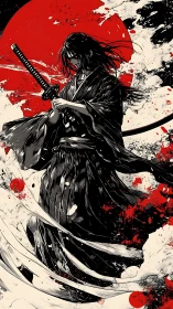 Storm-lit samurai poised before a burning red moon.