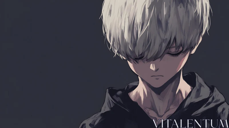 Brooding white haired anime boy stands alone in shadowed gloom