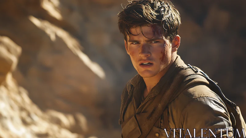 Dust-scarred desert drifter pausing mid-escape under blaze.