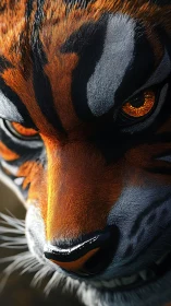 Fierce tiger gaze in close-up, glowing eyes and bold stripes.