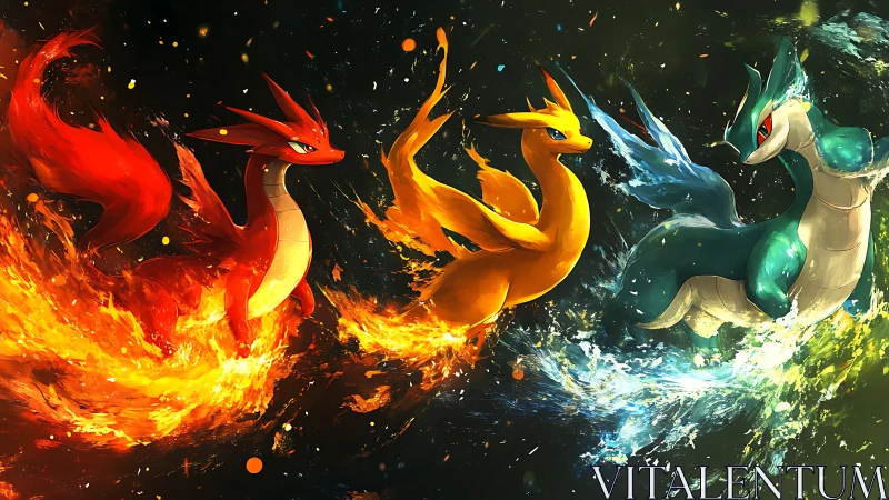 Elemental dragon trio surges through fire, lightning, water