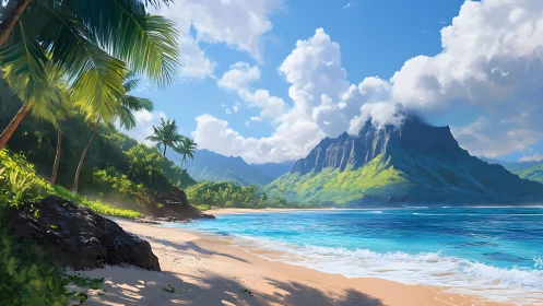 Tropical Paradise Beach with Volcanic Mountain.