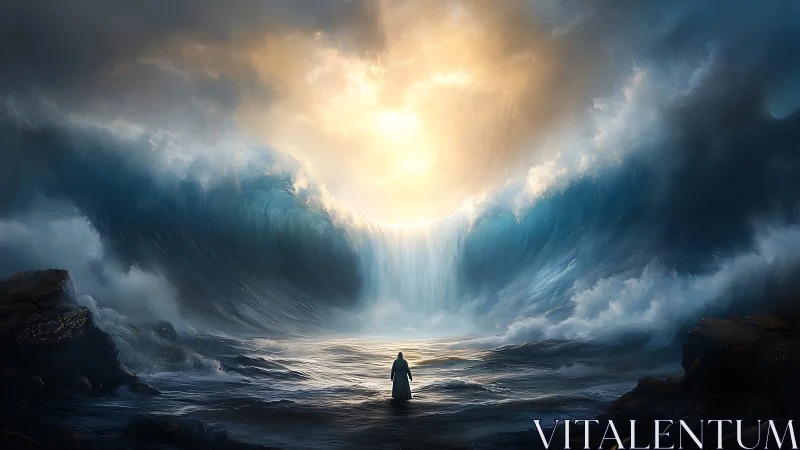 Prophetic figure before towering parted ocean vortex.