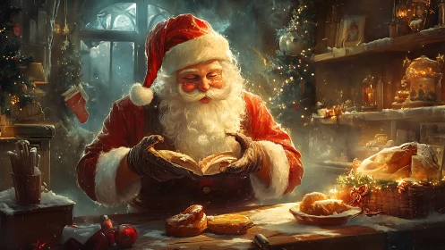 Santa Claus reads recipe book while preparing Christmas pastries
