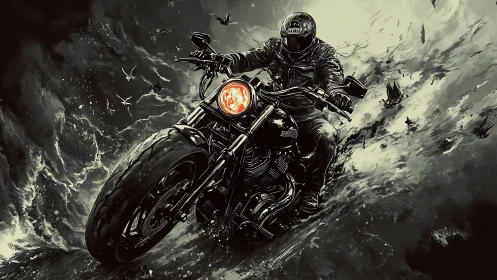 Storm-chasing rider carves molten light through swirling night