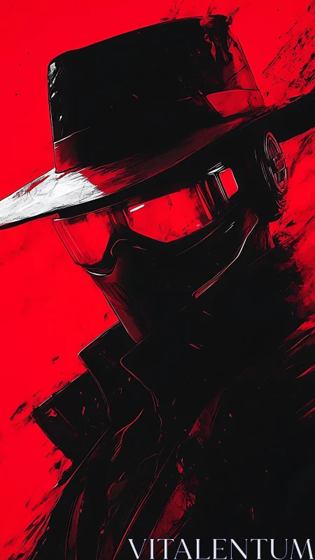 Cybernetic noir agent framed against stark crimson void