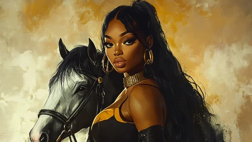 Regal woman stands beside white horse against golden backdrop