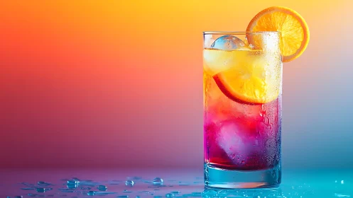 Gradient layered cocktail with orange slice and ice cubes