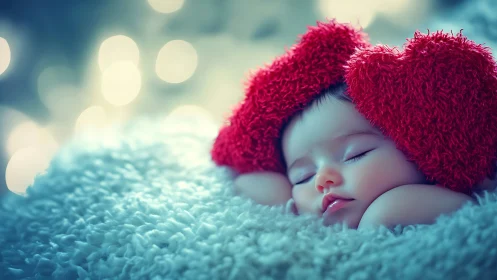 Infant sleeping in red knit hat on soft blue blanket