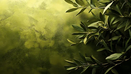 Olive foliage on textured moss green background, lateral lighting