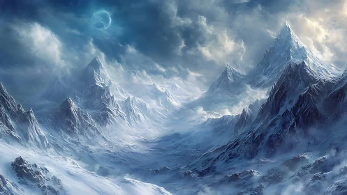 Frozen alien mountain range under moonlit stormy sky.