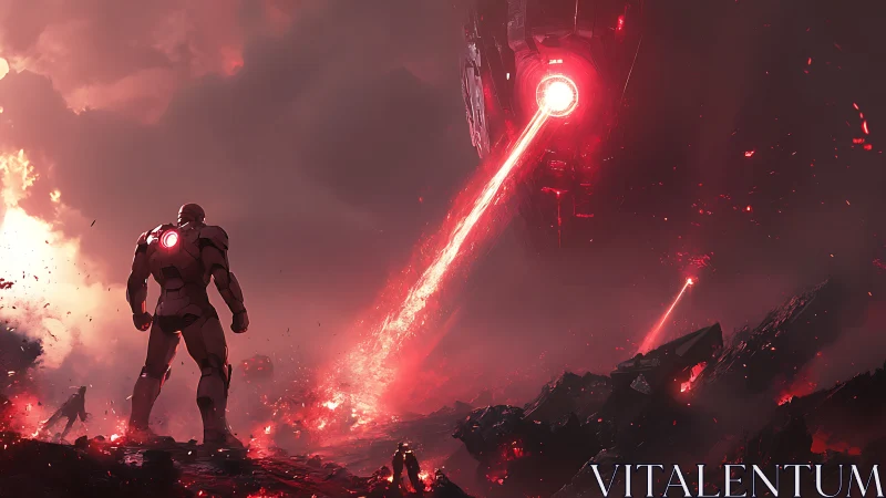 Armored lone warrior confronts colossal red war engine.