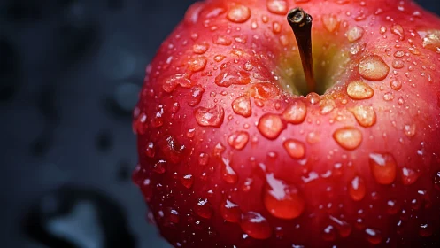Ripe red apple glistens with fresh water droplets in closeup.