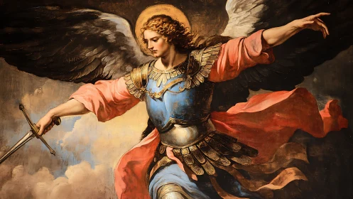 Winged armored figure with sword against clouded sky.