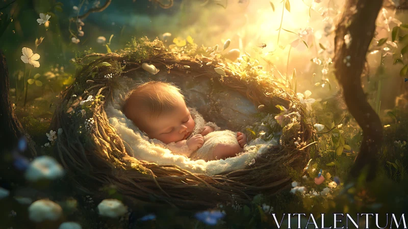 Sleeping baby lies in a nest-like cradle amid glowing forest
