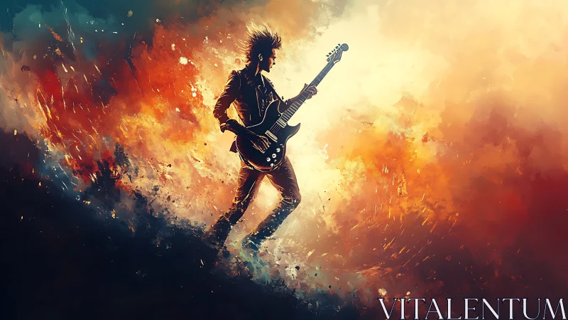 Digital painting of rock guitarist in explosive color field.