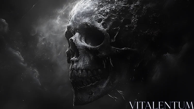 Eroded human skull in high contrast monochrome rendering.