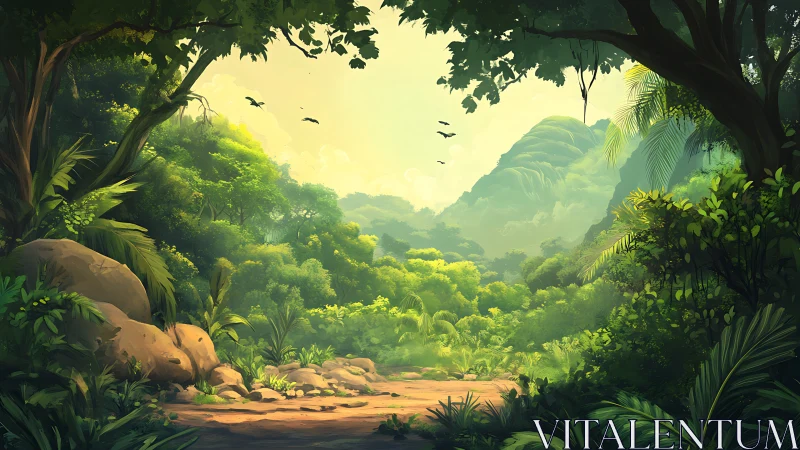 Lush Tropical Valley with Mountain Vista and Golden Light
