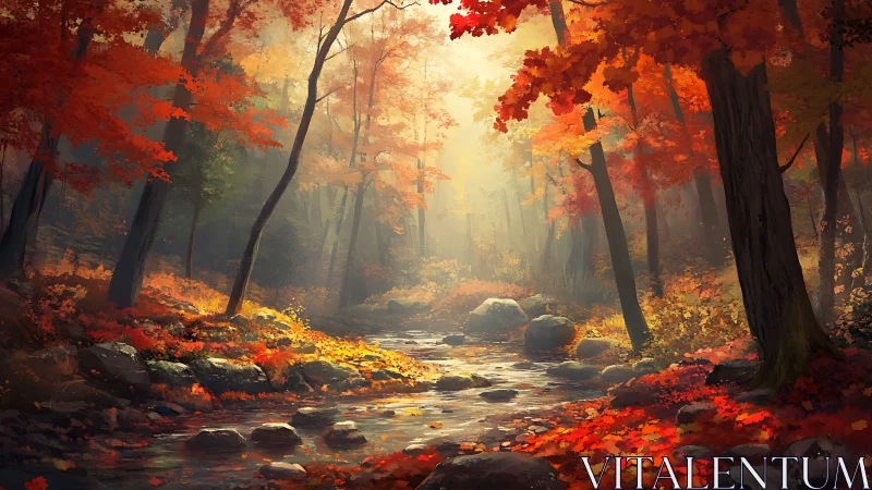 Autumn Forest Stream Path Through Golden Canopy.