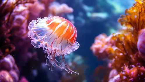 Bioluminescent jellyfish drifts through vivid coral reef
