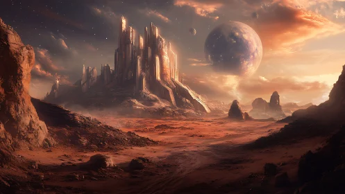 Glowing alien citadel rising above a quiet red desert.