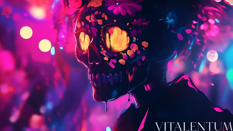 Neon blossoms ignite a spectral skull in carnival twilight