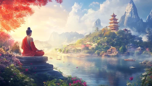 Monk in orange robe overlooks misty lakeside temple valley