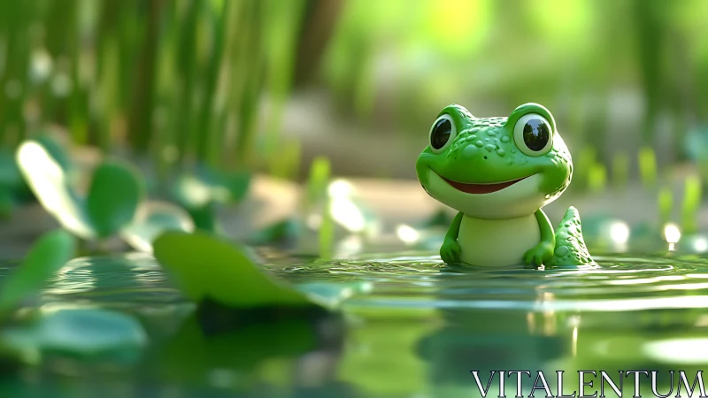 Pondside dreamer frog grins through shimmering green ripples