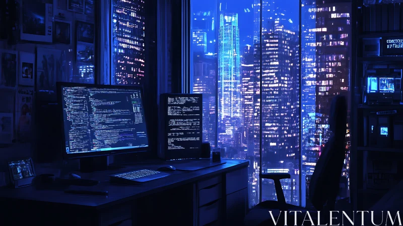 Programmer workstation overlooks dense blue city skyline at night