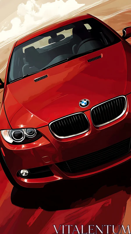 Red BMW coupe surges forward under blazing desert sky.