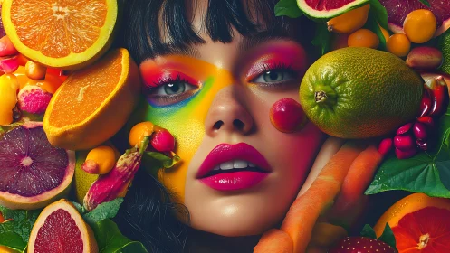 Surreal beauty portrait framed by neon fruit cascade.