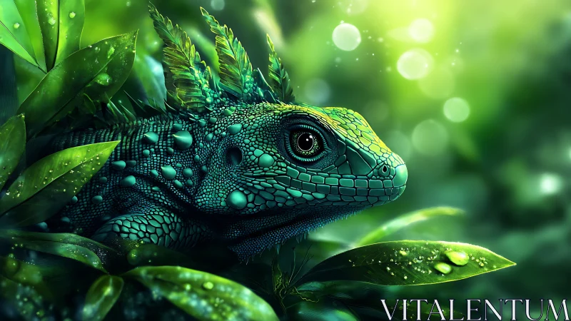 Emerald lizard rests in glowing jungle canopy light