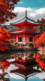 Scarlet pagoda dreams mirrored in a tranquil autumn pond.