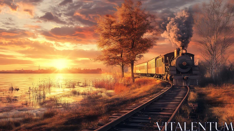 Golden hour train journey along a quiet lakeside curve.