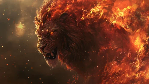 Fiery lion spirit emerging boldly from swirling flames.