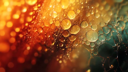 Macro oil droplets glowing in warm teal bokeh field.