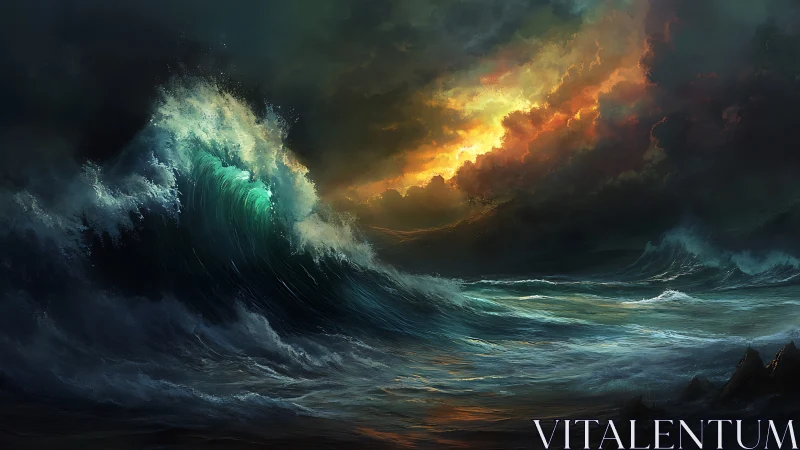 Storm-tossed ocean surges beneath blazing golden sky.