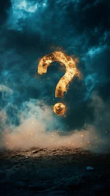 Fiery question mark ignites stormy cinematic sky.
