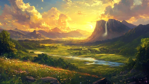 Sunlit valley landscape shows distant mountains and waterfall